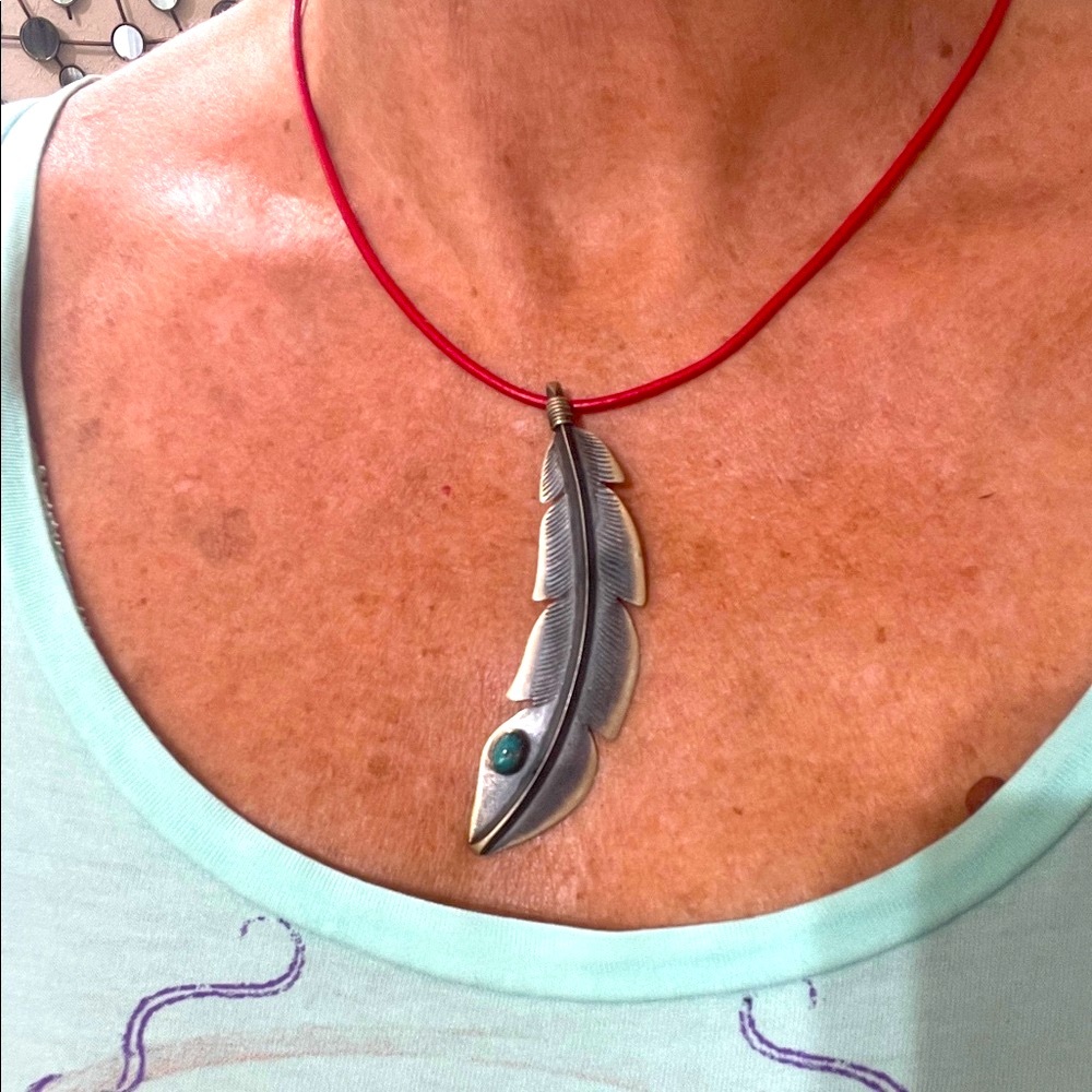 native American, Sterling, silver and turquoise Feather Pendant - Picture 6 of 7